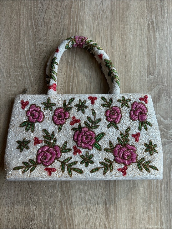 Vintage Handbags - Vintage Beaded Floral Handbag Pink and White Rose